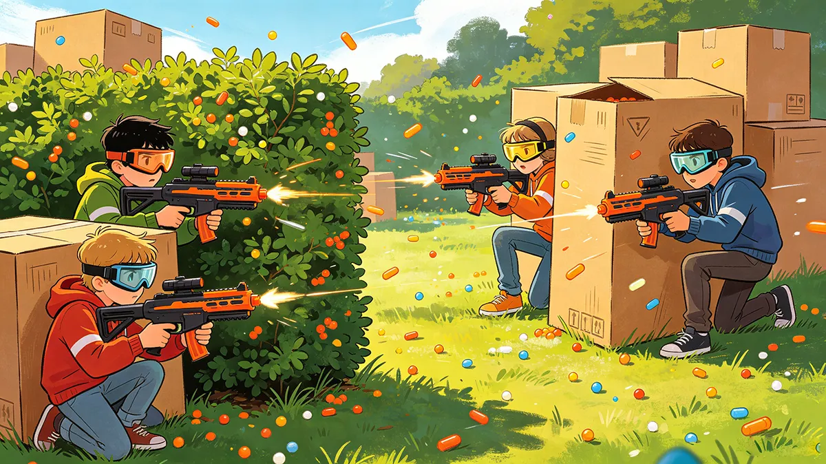 Grupo de niños jugando a juegos de equipo con pistolas de gel sin comportamiento agresivo