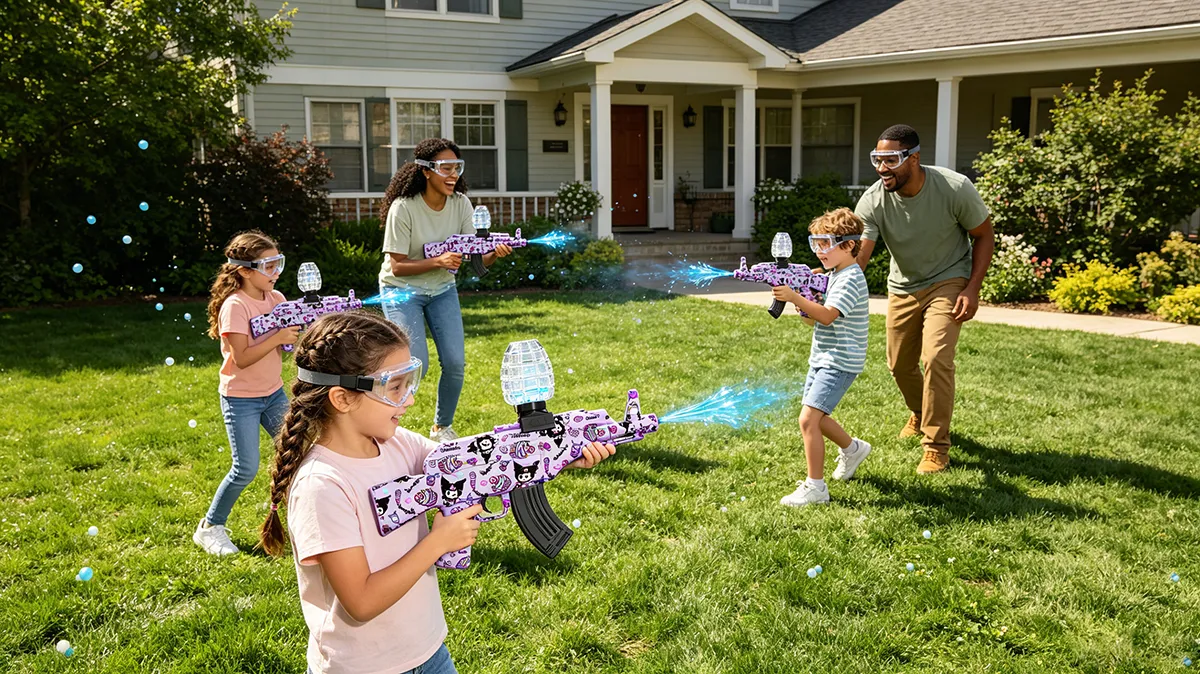 Niño usando gafas de seguridad con pistola de gel juguete